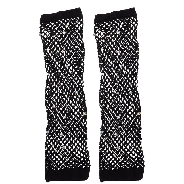 KAKOWELY 1 par de guantes largos de malla con diamantes de imitación, sin dedos, para disfraz de cosplay, para mujer, accesorios brillantes para club nocturno.