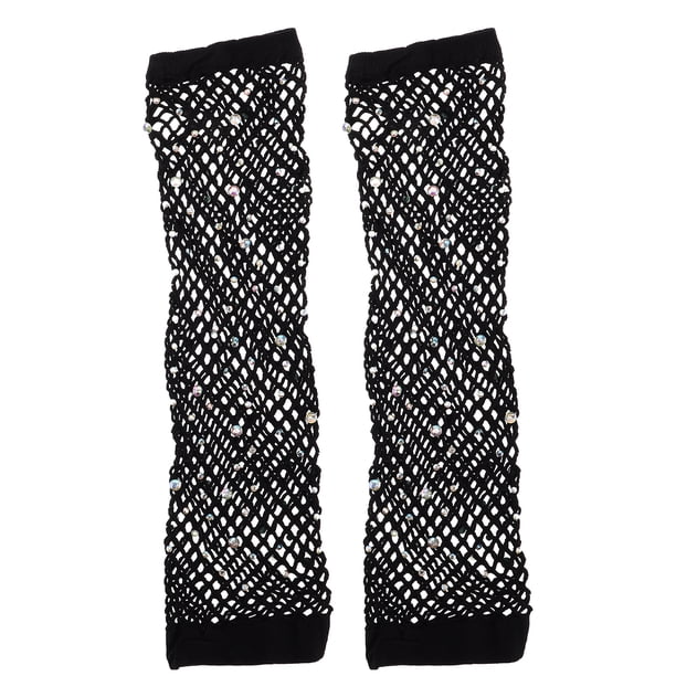 KAKOWELY 1 par de guantes largos de malla con diamantes de imitación, sin dedos, para disfraz de cosplay, para mujer, accesorios brillantes para club nocturno.
