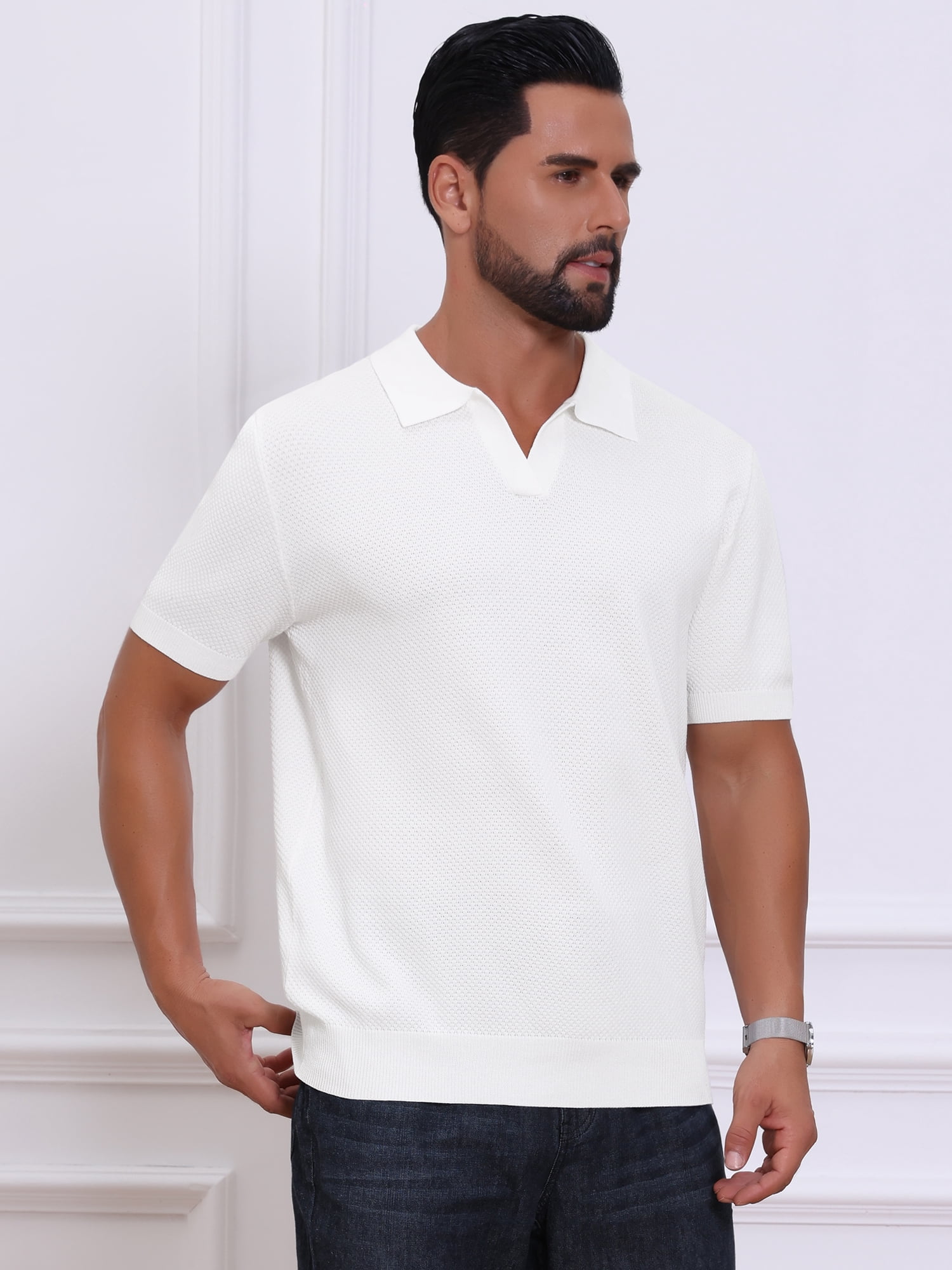 DARING DIVA Men's Textured Knit V Neck Short Sleeve Casual Golf Polo Shirt L White