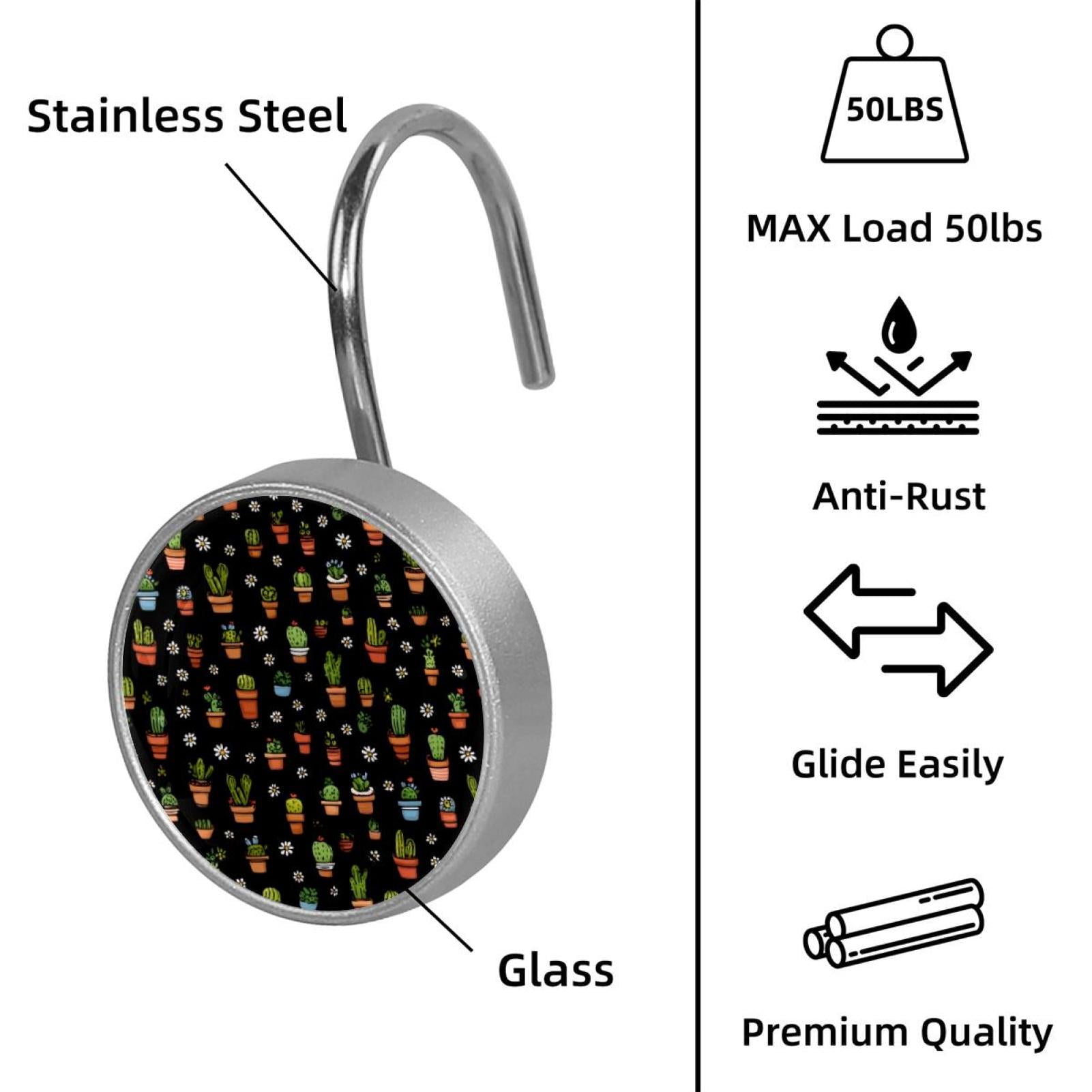 12pcs Decorative Shower Curtain Hooks, Rust Resistant Shower Rings for Bathroom Living Room,Rustproof Stainless Steel Rings for Shower Curtain and Liner Rods,Cactus and Daisy Black