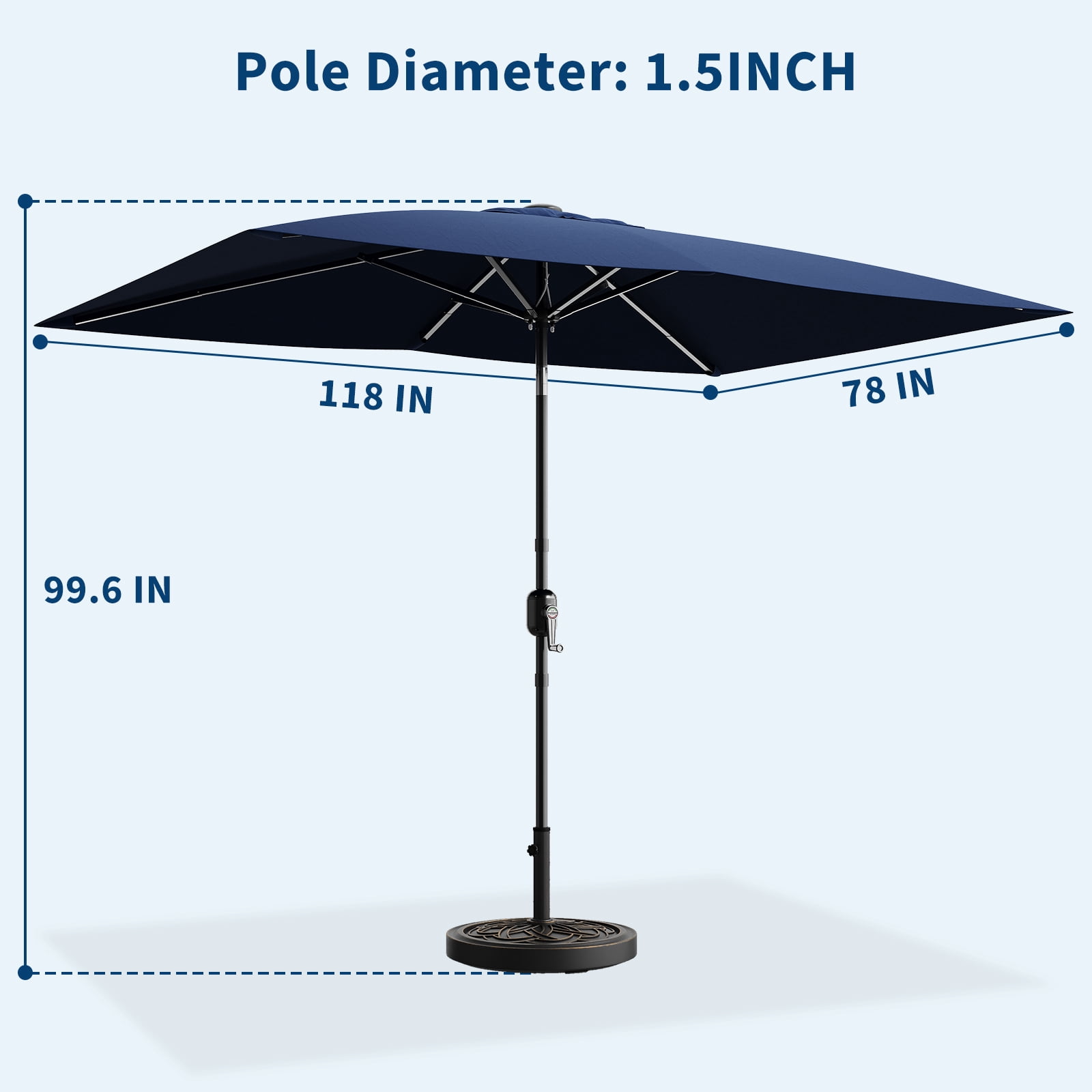 Memoryfield 10' x 6.5' Rectangular Patio Umbrella, Outdoor Market Umbrella with Crank Lift, 6-Rib Table Umbrella for Garden, Deck, Lawn & Pool, Navy Blue