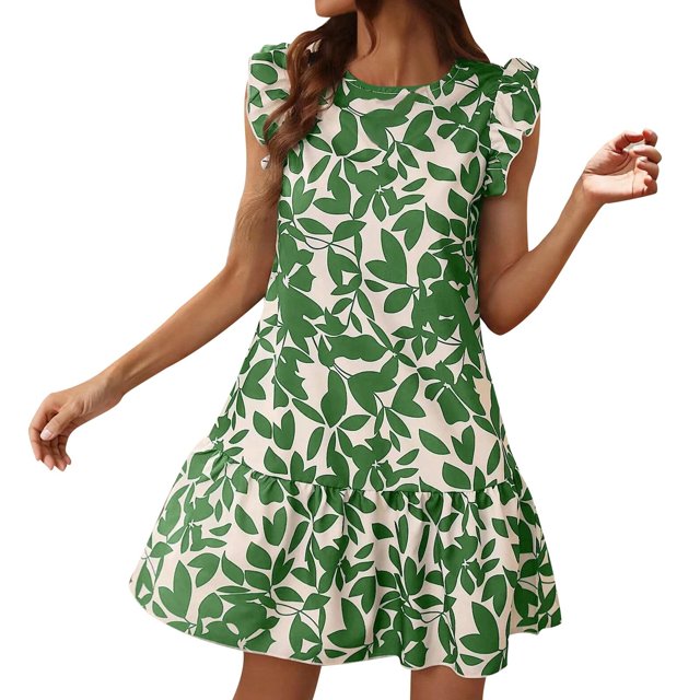 asddcavvf Dresses for Women Women's Spring/Summer Round Neck Flared Sleeve Floral Print Dress With R