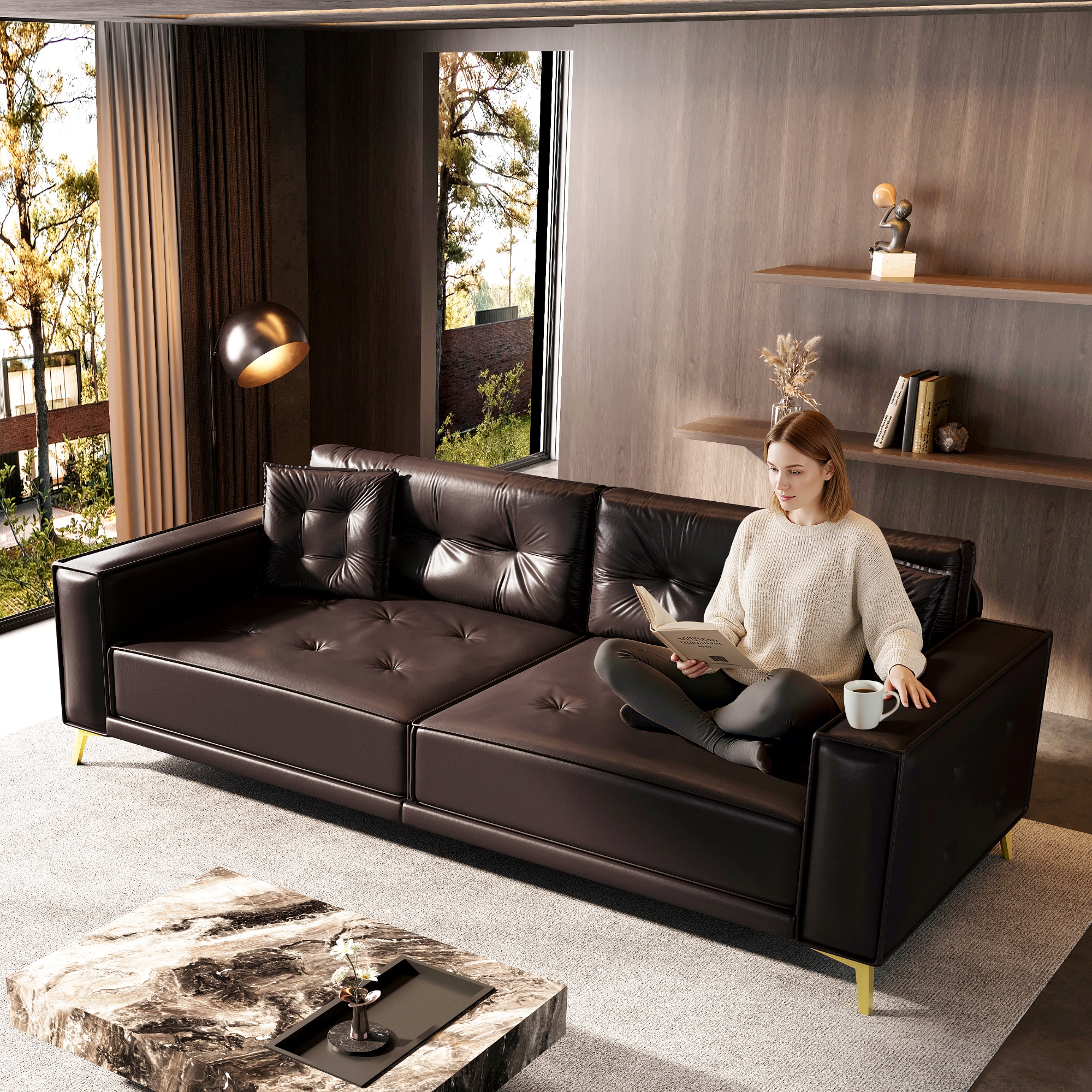 LLappuil King Size Pull Out Sofa Bed, Oversized Faux Leather 4 Seat Sofa Convertible Sleeper Sofa Bed Dark Brown