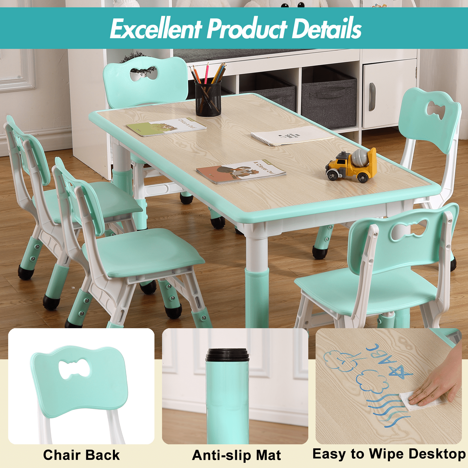 Adjustable Height Kids Table and 6 Chairs Set - Graffiti-Resistant Multi-Activity Desktop - Non-Slip Legs - Preschool & Study Table for Home, Study Room, Daycare - For Ages 2-10 - Lake Blue