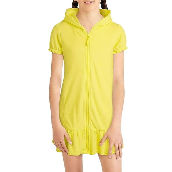 Fesfesfes Kids Solid Color Zipper Towel Cloth Hooded Short Sleeved Swimsuit for Girls 4-9 Years Perfect for Pool Parties,Beach Trips,and Water Play(Yellow,8-9 Years)