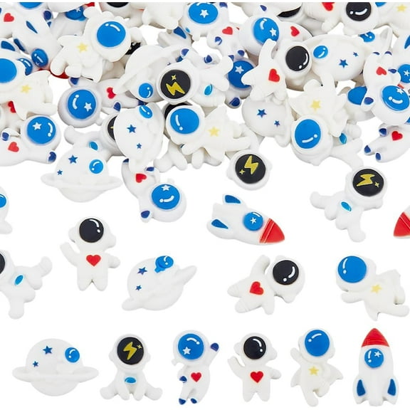 60Pcs Space Theme Flatback Resin Charms 6 Styles Planet Rocket Astronaut Cabochons 3D Resin Filling Charms Ornaments for Hair Clip Phone Case Scrapbooking Keychain Photo Frame Decor