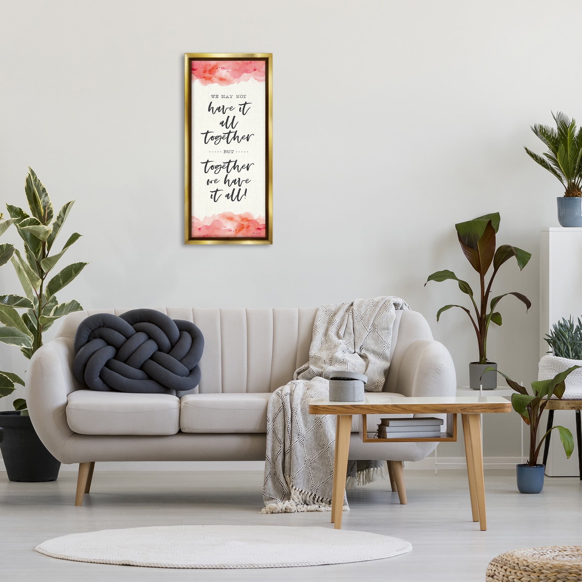 Stupell Industries Romantic Phrase with Blush Watercolor Inspirational Painting Gold Floater Framed Canvas Art Print Wall Art, 15 x 31