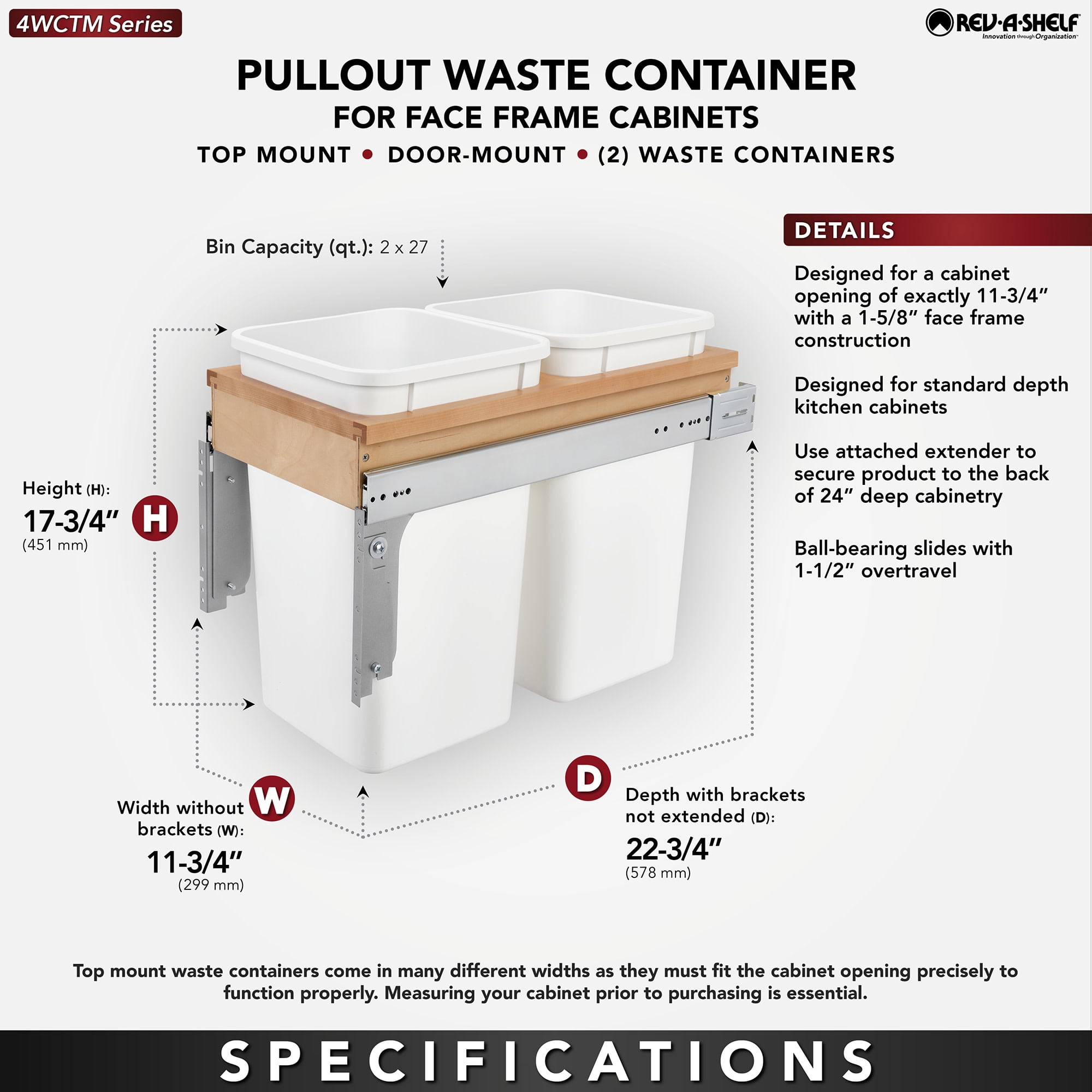 Rev-A-Shelf 4Wctm-15Dm2-162 4Wctm Top Mount Double Bin Trash Can For 1-5/8" Faceframe