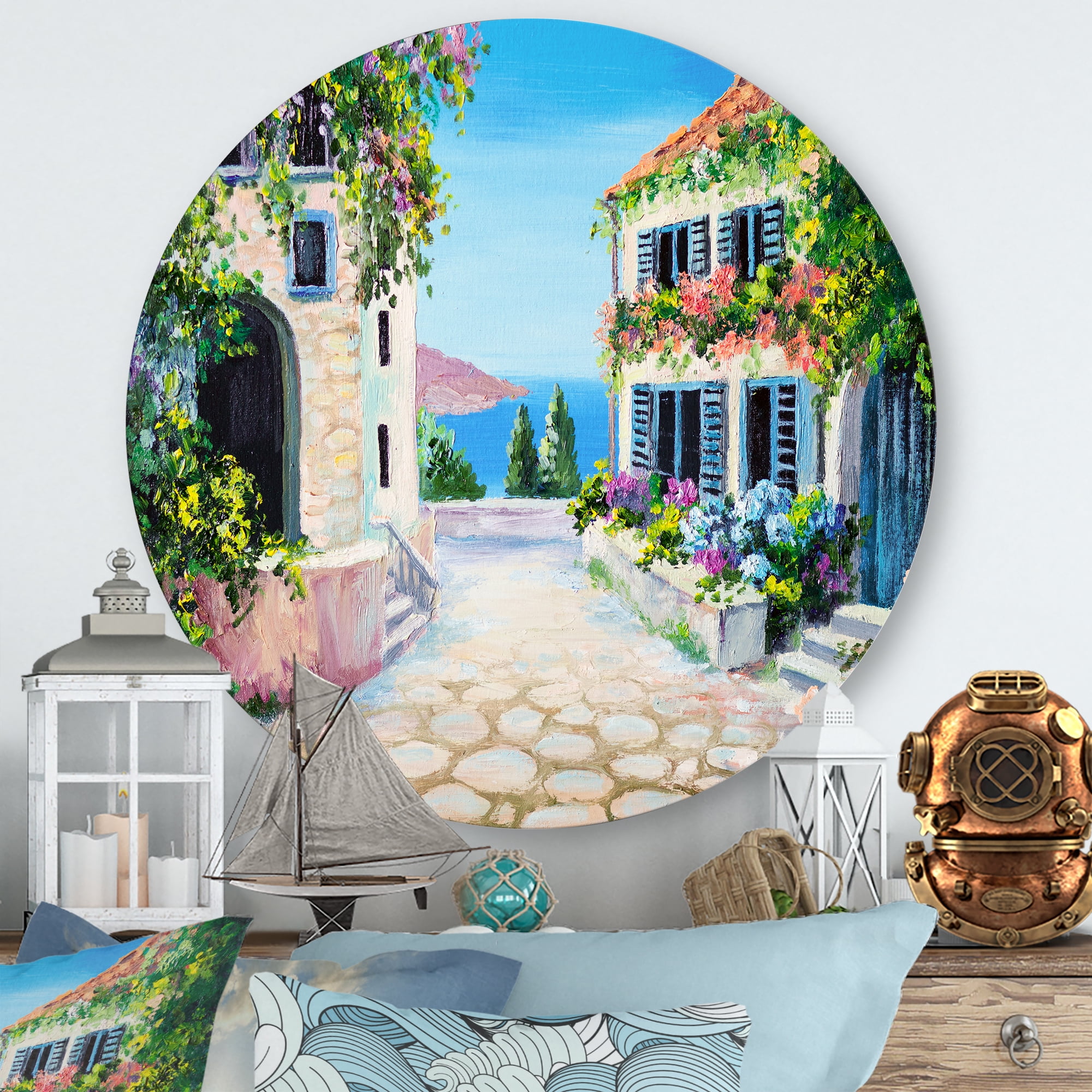 Designart 'Blossoming Flowers With White Houses With Near The Sea' Nautical & Coastal Circle Metal Wall Art 11x11 - Disc of 11
