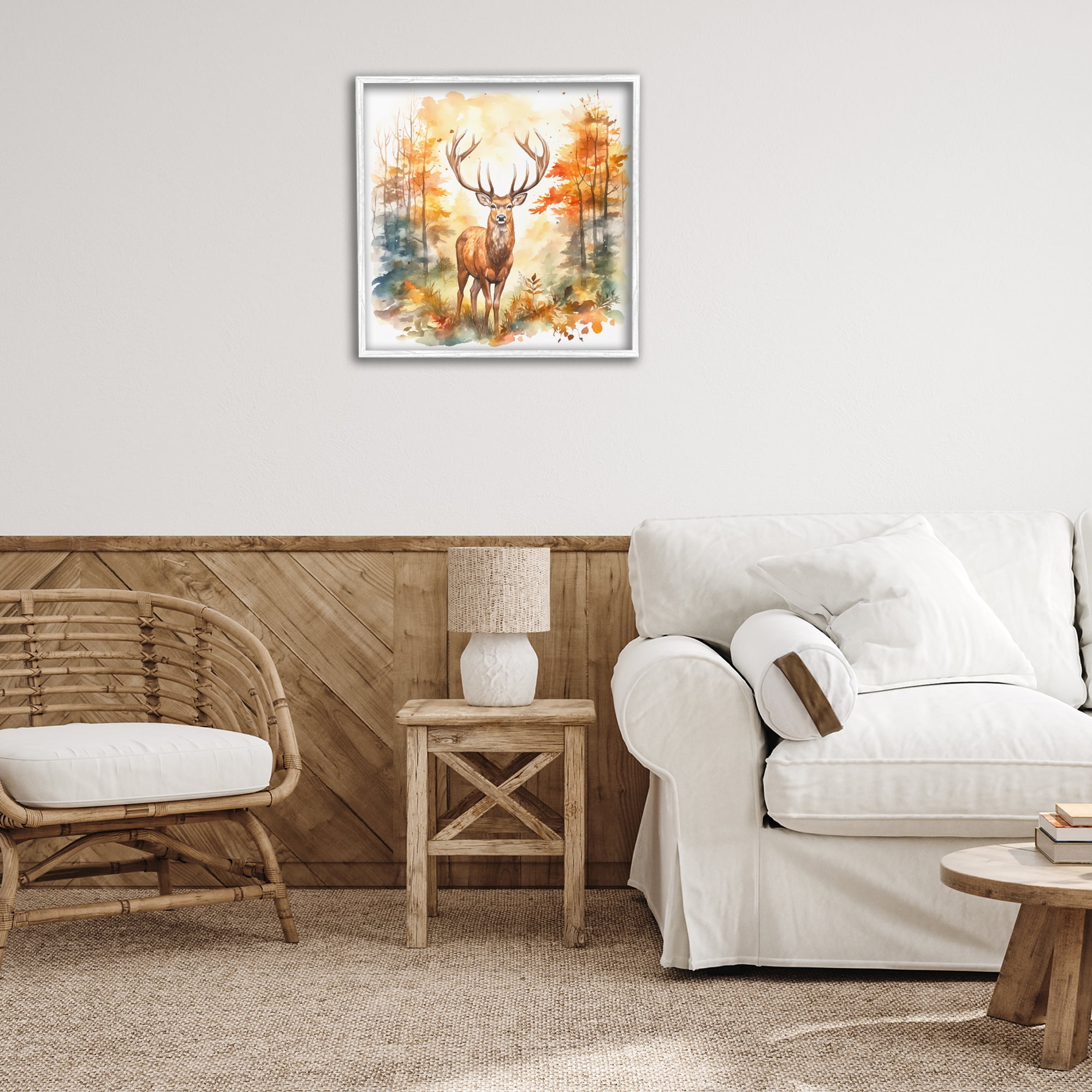 Stupell Industries Autumn Forest Stag Landscape Painting White Framed Art Print Wall Art, 24 x 24