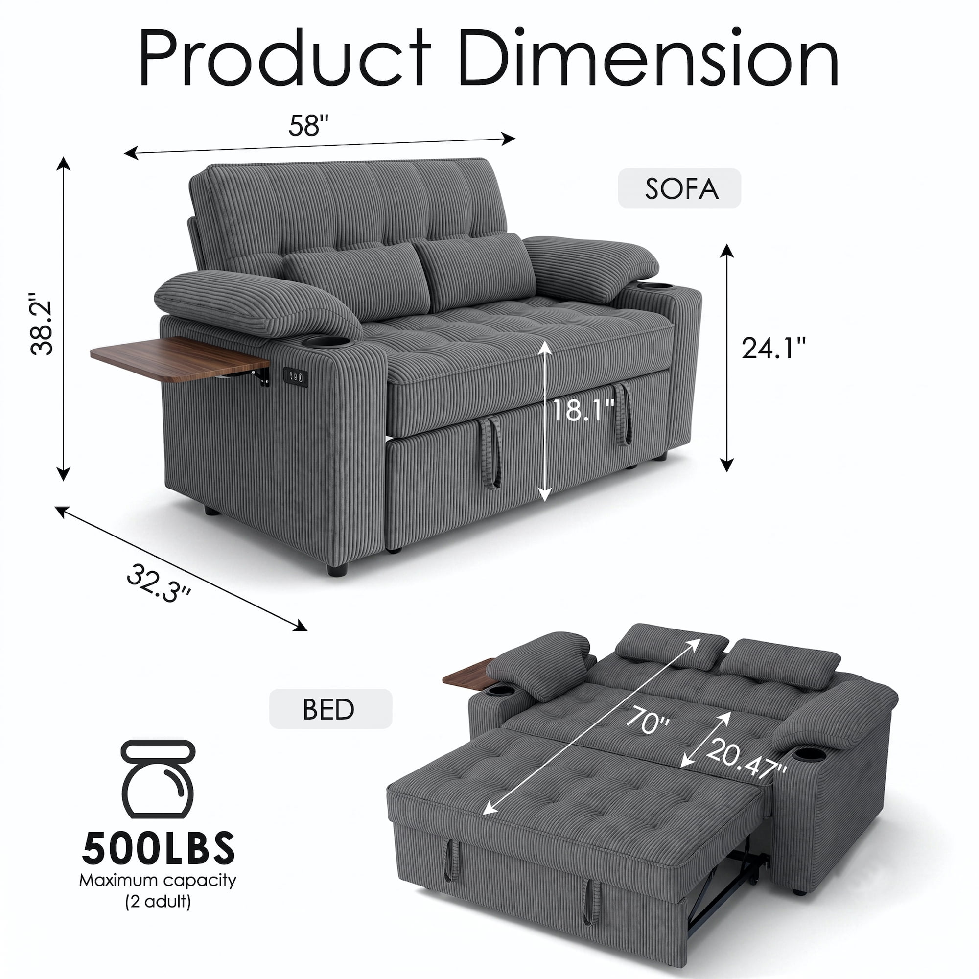 58" Sleeper Sofa Bed, Full Size Pull Out Couch, Convertible Corduroy Loveseat with USB Charging, Cup Holders, Side Table, Adjustable Backrest, Side Pockets for Living Room, Apartment, Office (Gray)