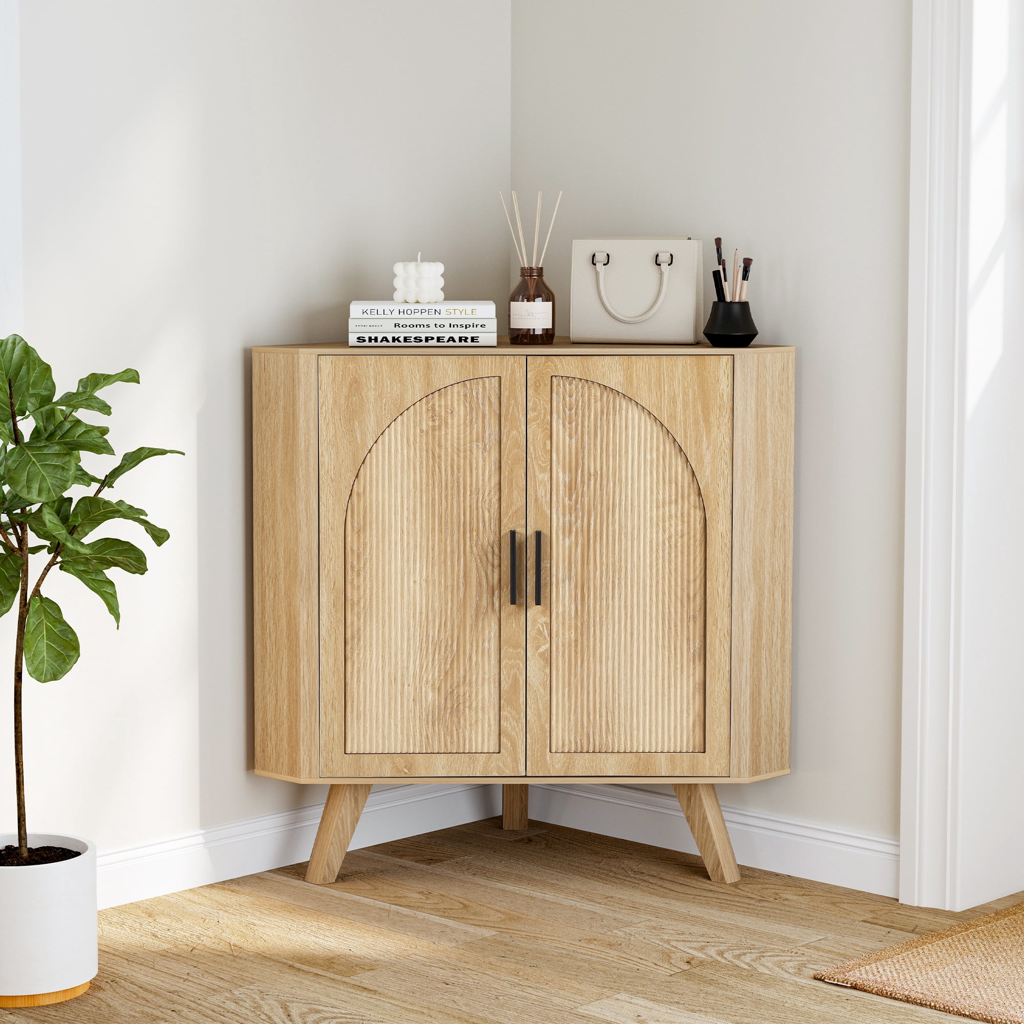 Fluted Corner Cabinet with 2 Doors & Adjustable Shelves, Space-Saving Floor Storage Cabinet for Bathroom, Kitchen, Living Room, Modern Freestanding Organizer (Oak)