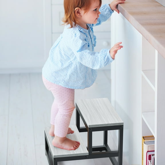 2-step 15in width Wooden Step Stool (Gray)
