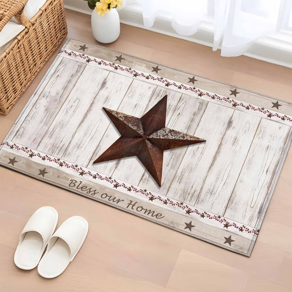 American Country Bathroom Rug Washable 2x3 Entryway Rug Non Slip Farmhouse Barn Star Brown Berry Front Door Mat Low Pile Indoor Doormat Throw Floor Carpet for Kitchen Bedroom Entrance