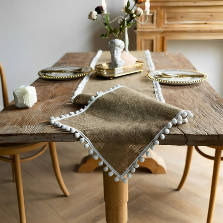 

Linen Knitted Table Runners 4Pcs Placemats With Matching Placemats With Lace Trims For Wedding Party Decors-Pompoms trim-30x360cm 12x142inch