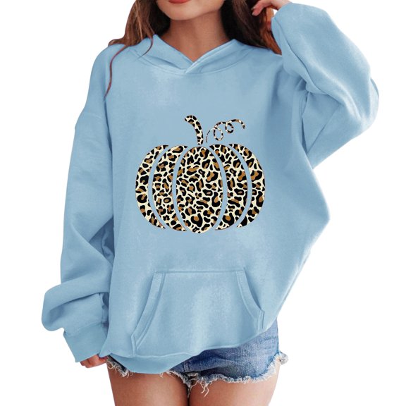 Coerni Girls Leopard Pumpkin Hoodie Trendy Oversized Pullover Long Sleeve Sweatshirt with Kangaroo Pocket Kids Fall Tops Halloween Clothes