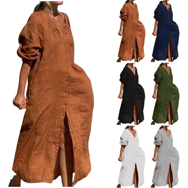 Gspmoly Robes pour Femmes, Robe Décontractée Unie pour Femmes à la Mode, Robe à Col en V à Manches Longues, Longue Robe, Robes de Vacances pour Femmes Offres du Jour