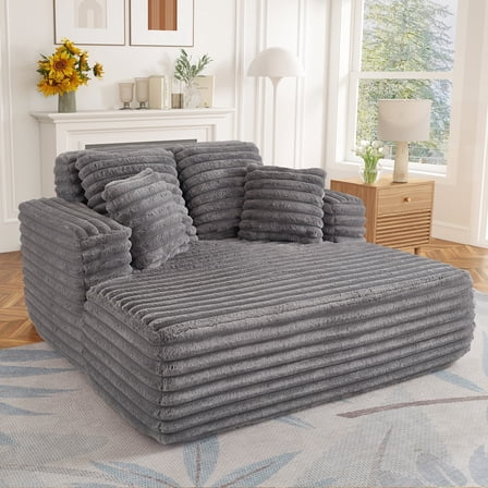 Muumblus Oversized Chaise Lounge Chair Indoor Furniture, No Assembly Required, Plush Corduroy Upholstered Sofa Bed Cozy Sleeper Couch for Living Room, Bedroom, Grey