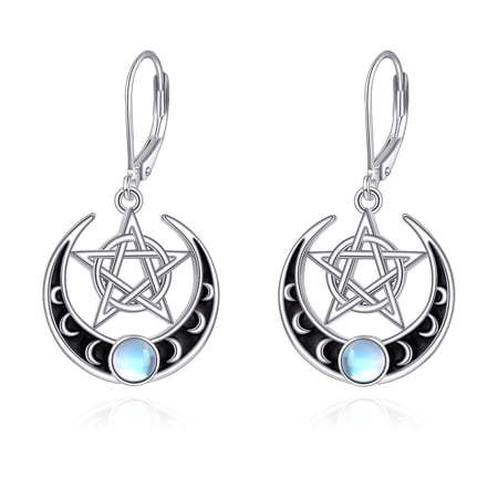 MYSTICPOEM Pentagram Leverback Earrings Sterling Silver Moonstone Pentagram Dangle Drop Earrings Jewelry Gifts for Women