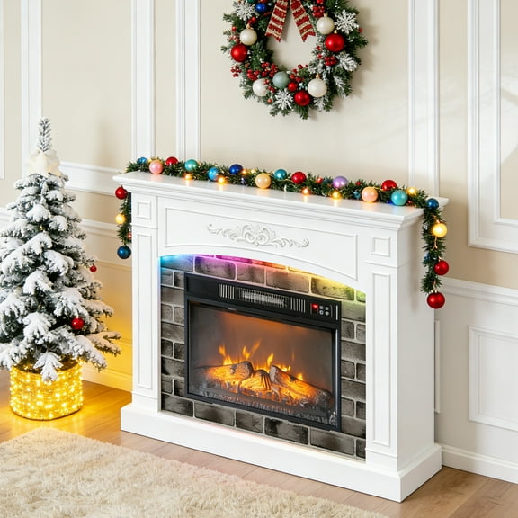 Ktaxon 43" Modern Fireplace TV Stand with Electric Heating Mantel, White Entertainment Center with RGB Lights Media Consle Stand