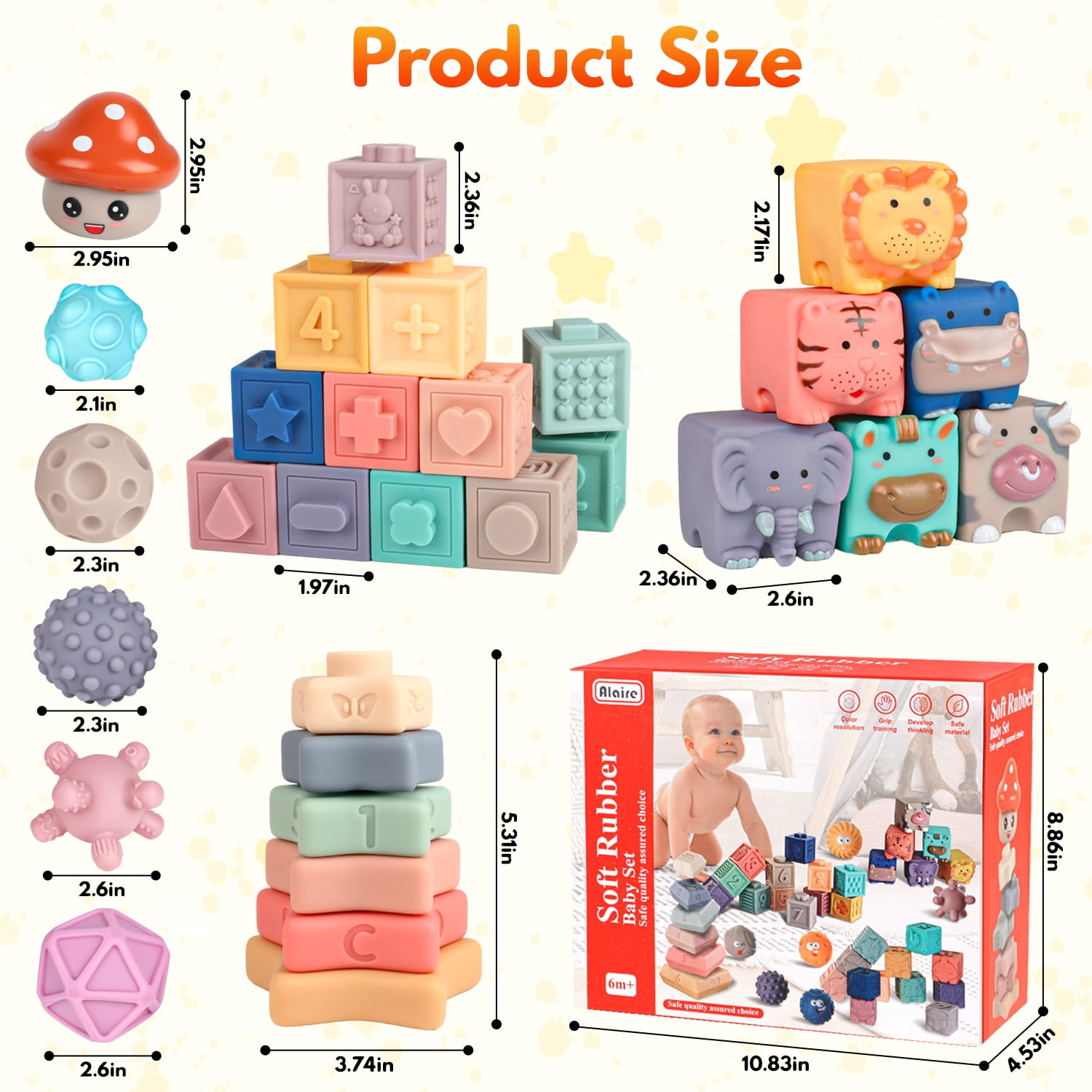 Beefunni Baby Toys 6-12 Months,Montessori Toys Soft Baby Teething Toys, Stacking Building Blocks, Sensory Development Educational Toys for Baby 12-18 Months