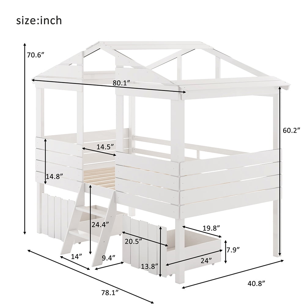 Kadyn kids Bunk Loft Bed with Two Drawers, Windows and Roof Design, White Kadyn kids Bunk Loft Bed with Two Drawers, Windows and Roof Design, White