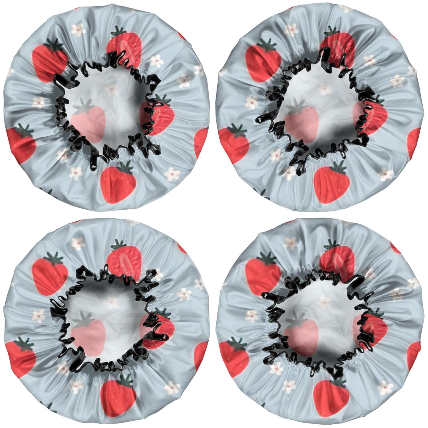 Shower Caps,Strawberry Plants Fruit Flower Waterproof Shower Cap for Women 4 Pieces,Double Reusable Hair Cover for Shower PEVA Elastic Stretch Hem