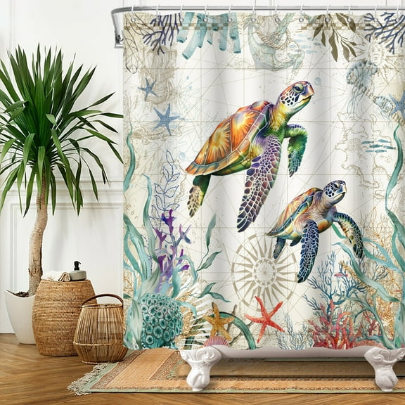 SUNOLIFE Sea Turtle Shower Curtain,Ocean Beach Theme Waterproof Fabric Bathroom Curtain with Hooks,72x72 in