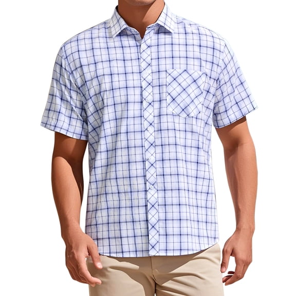 DARING DIVA Men's Plaid Short Sleeved Button Down Business Checked Dress Shirt M Blue