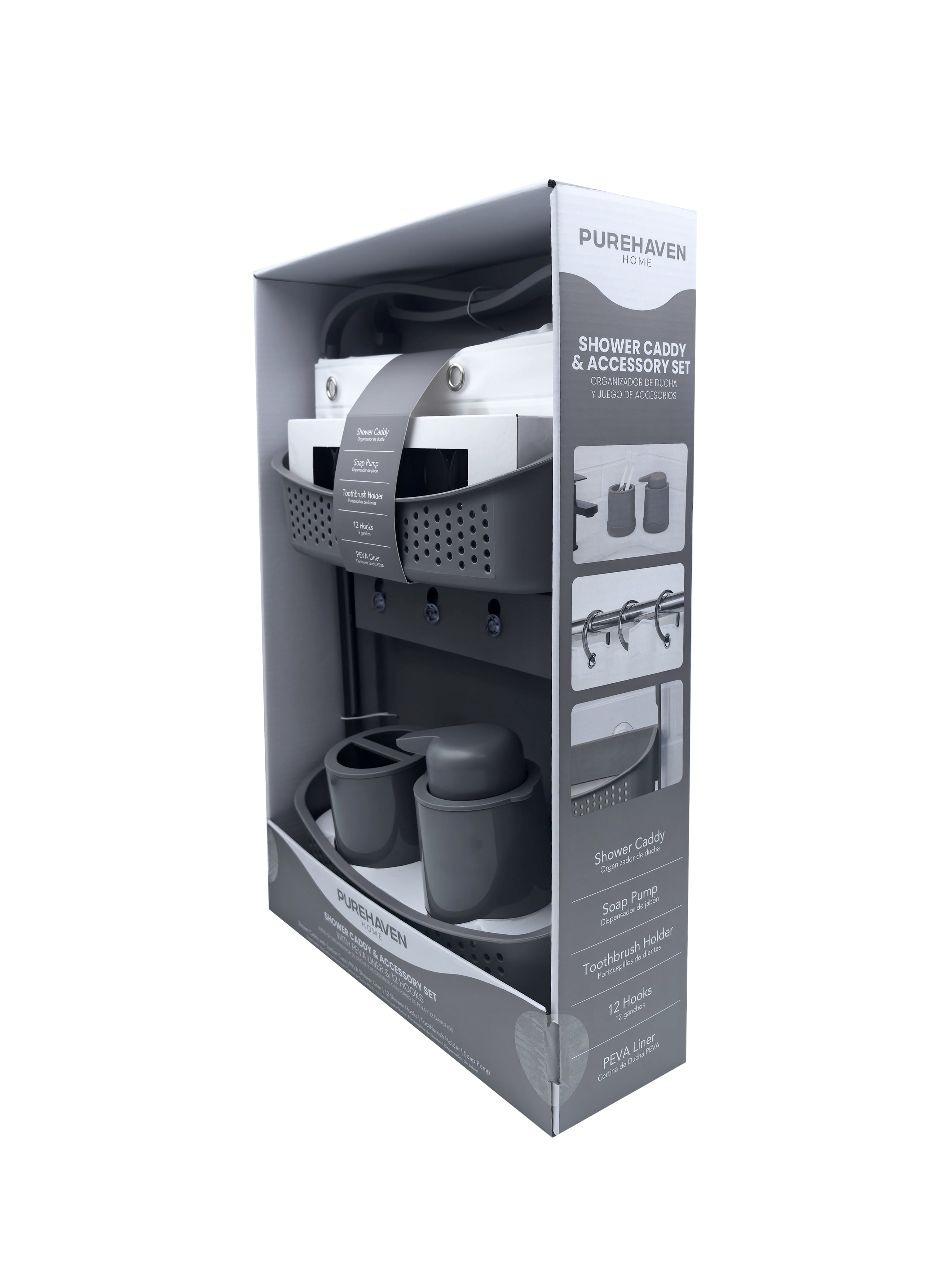 Purehaven Home Shower Caddy and Bath Accessory Set for College Dorms and Apartments, Grey