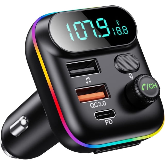 Adaptador Bluetooth para coche, transmisor de radio FM inalámbrico, Bluetooth 5.0 inalámbrico, reproductor de música MP3, cargador de coche USB QC3.0 + PD 20W, retroiluminación LED de 7 colo