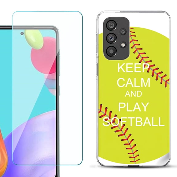 Slim-Fit Gel TPU Phone Case for Samsung Galaxy A33 5G, with Tempered Glass Screen Protector, by OneToughShield ® - Keep Calm Softball