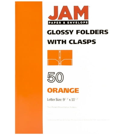 JAM Glossy Two Pocket Clip Folders, Orange, 50/Pack