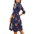 thumbnail image 3 of Women's Midi Dress Casual 34 Sleeve Floral Printed ALine Swing Dress with Crew Neck Navy Blue XXL, 3 of 5