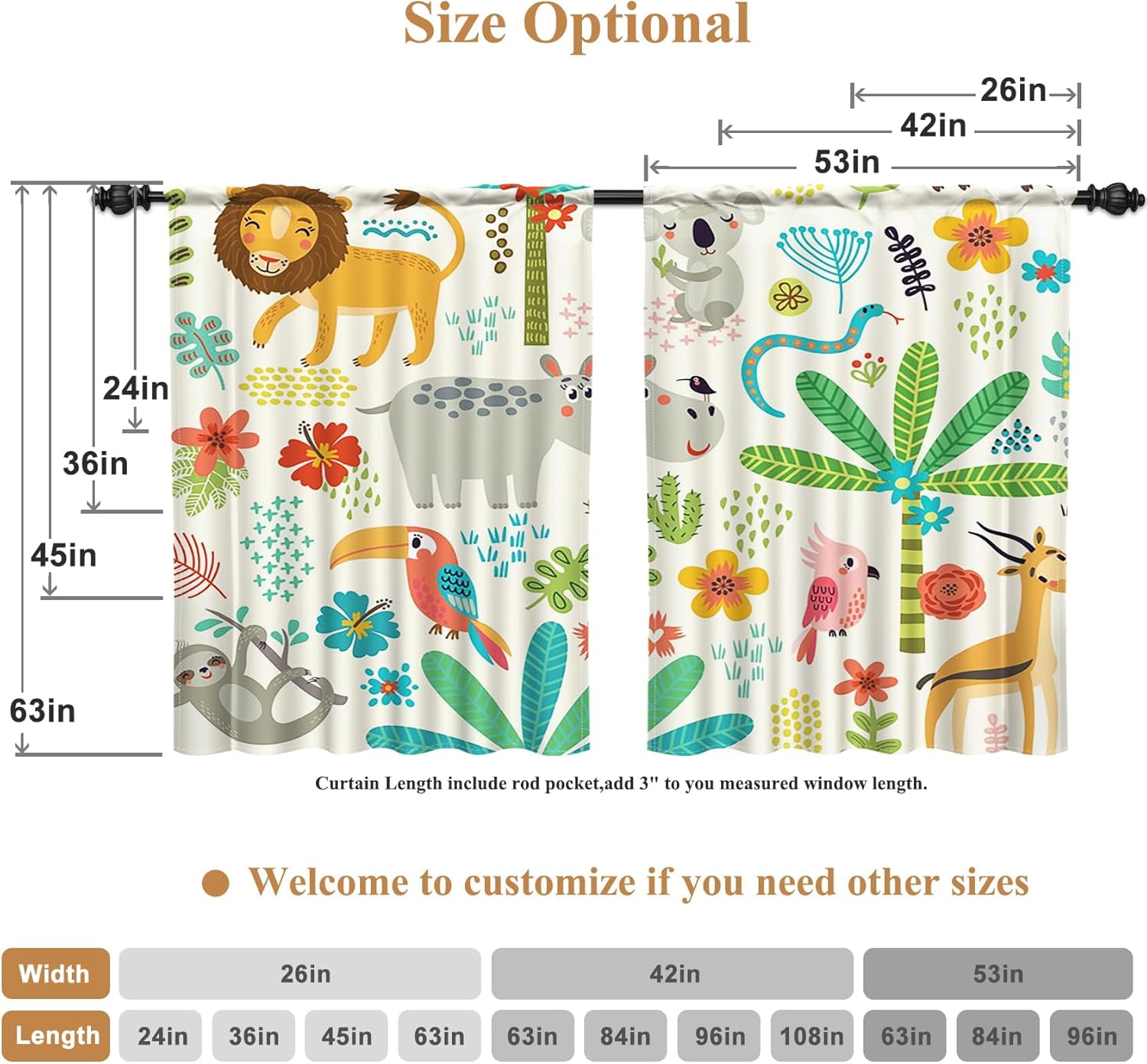 52 x 63 Inch Cartoon Animals Curtains Forest Woodland Giraffe Lion Tiger Nursury Linen Home Decoration Green Leaf Dinosaur Donkey Monkey Rod Pocket Window Drapes for Kids Bedroom 2 Panels
