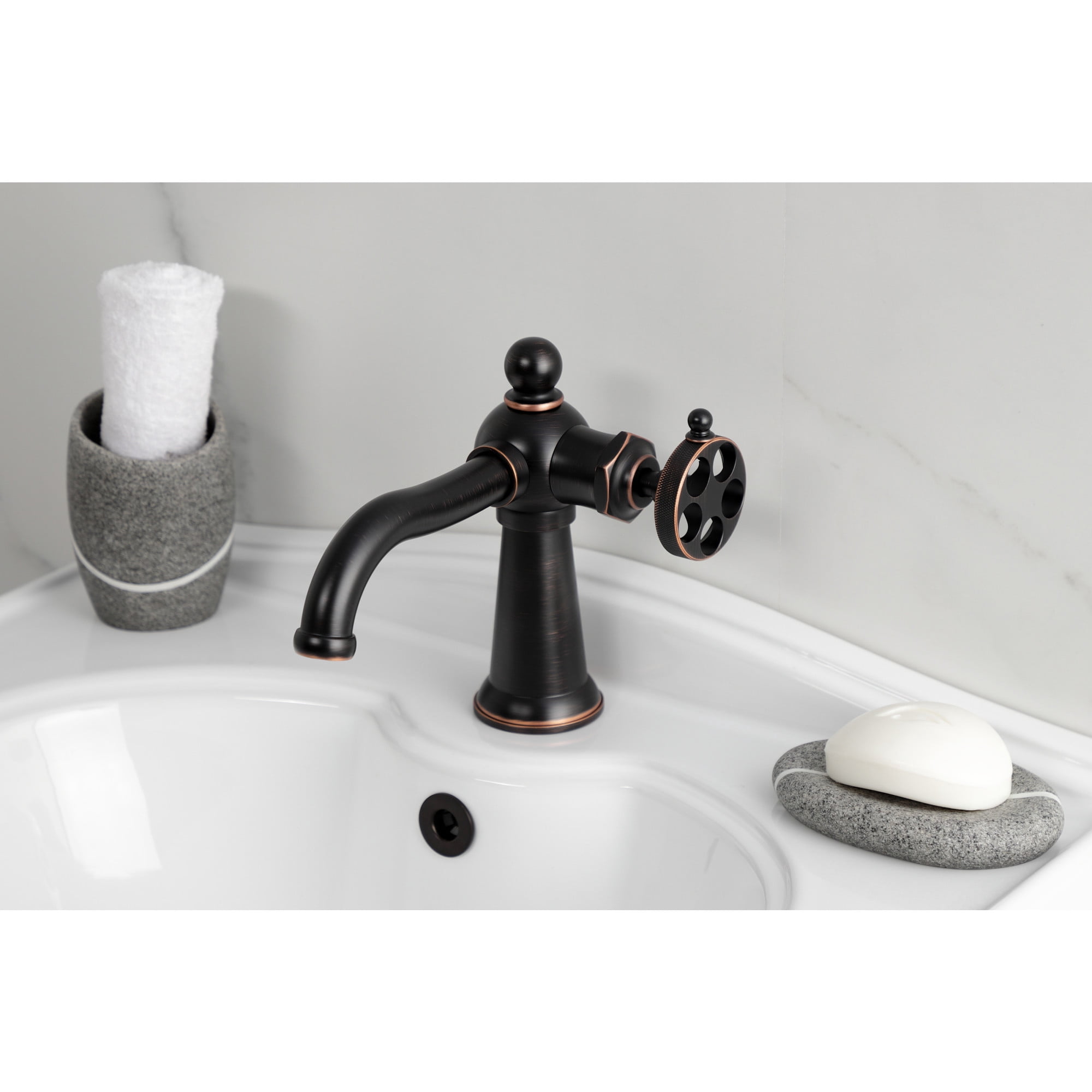 Kingston Brass KS354RKZNB Wendell One-Handle Single-Hole Bathroom Faucet with Knurled Handle and Push Pop-Up Drain, Naples Bronze