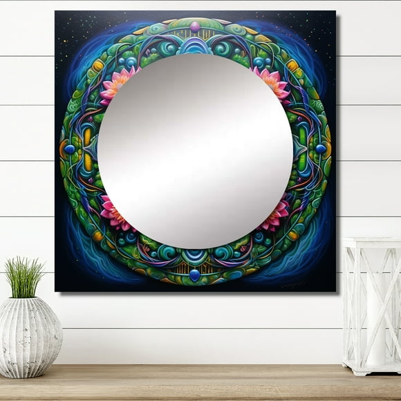 Designart "Ancient Colorful Mandala Magical Heritage IV" Boho Mandala Square Mirror For Wall Decor - Large Pink Square Printed Wall Mirror Art - Wall Mounted Square Large Mirror