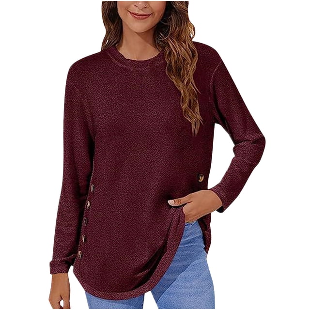 tarylea Chemises pour Femmes Tendance Col Rond Ourlet Boutons Hauts Couleur Unie Manches Longues Chemises Décontractées Amples Usage Quotidien
