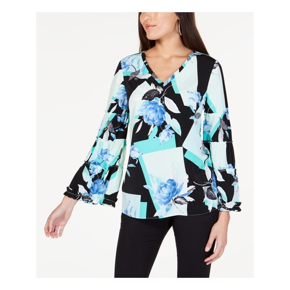 ALFANI Womens Black Ruffled Printed Bell Sleeve V Neck Blouse M