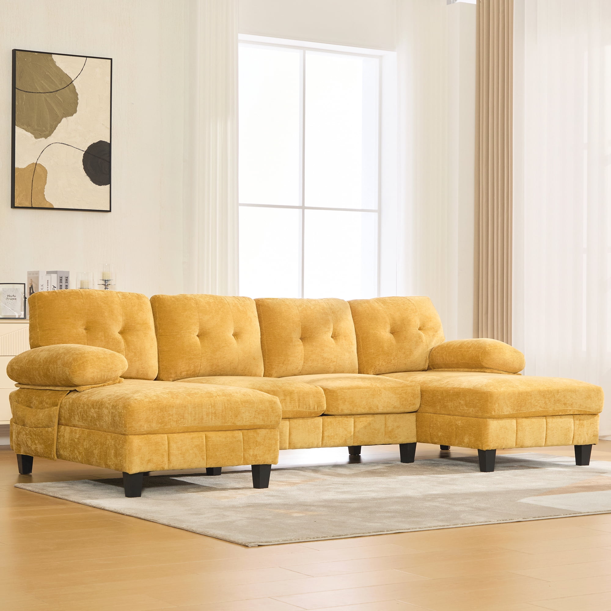 Leumius U Shaped Sectional Sofa, 103.5" Chenille Fabric Couch with Double Chaise Lounges, U Shaped Couch for Living Room, Yellow