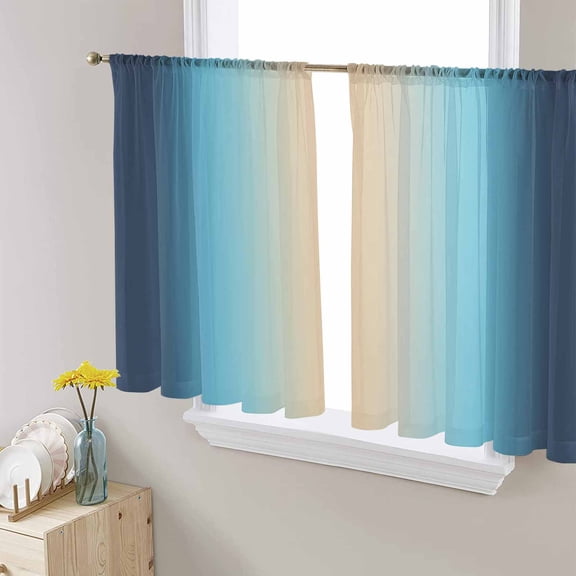 Dark Blue Khaki Ombre Semi Sheer Window Curtains 45 Inches Long, Modern Abstract Art Gradient Rod Pocket Voile Silky Chiffon Curtain Treatment Drapes for Kitchen, Living Room, 52"x45", 2 Panels