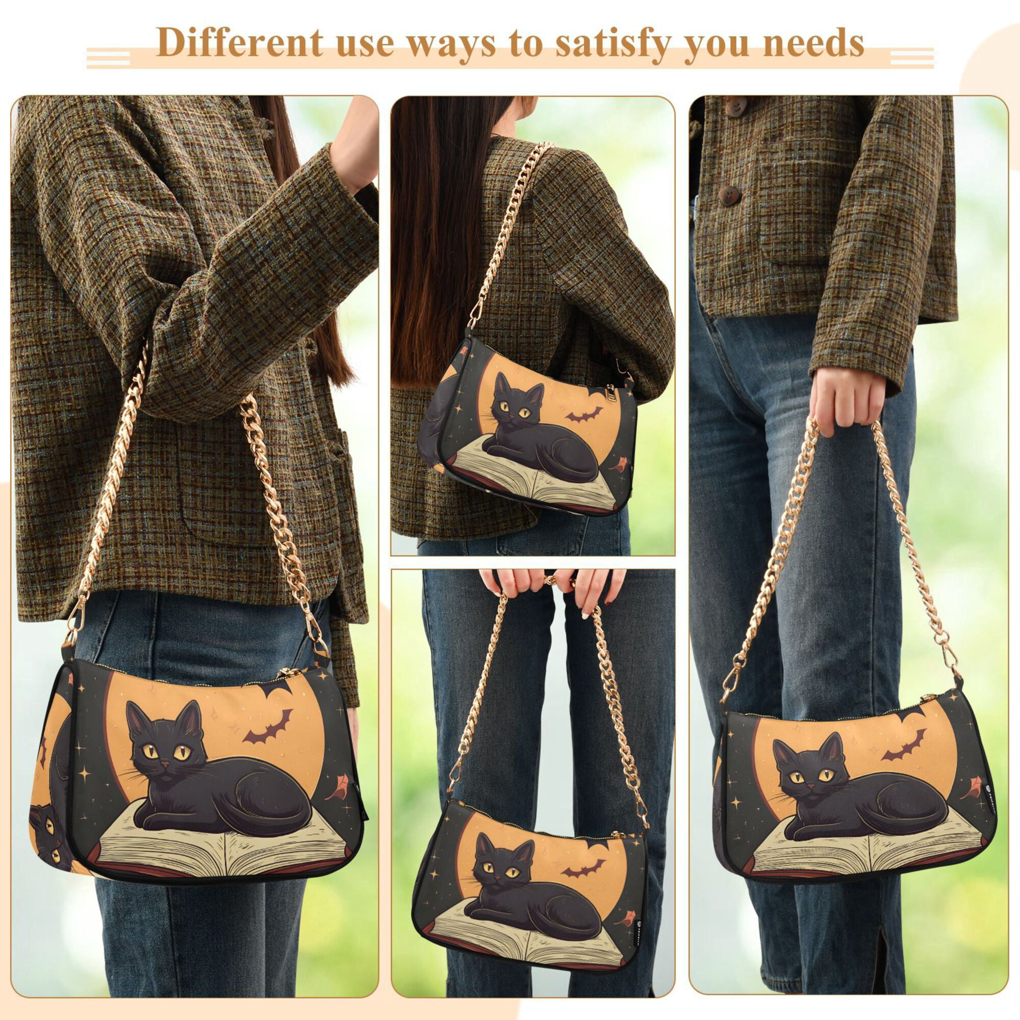 FORMRS Womens Shoulder Bag with Chain Strap Clutch Purse Cute Tote Handbag, Orange Halloween Cat