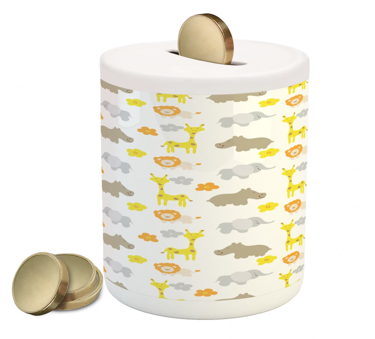Cartoon Piggy Bank, Jungle Animals Elephants Lions Giraffes