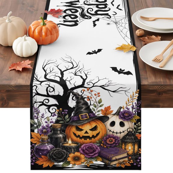Fall Halloween Table Runner - 72 Inch Long Orange Pumpkins Wizard Hats Floral Bats Horror Cotton and Linen Blended Dress Scarves Farmhouse Table Runner for Kitchen Dining, Coffee Table, 13" x 72"