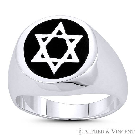 Star of David Jewish Emblem Religious Symbol Men's Large Round Signet Ring in Oxidized .925 Sterling Silver