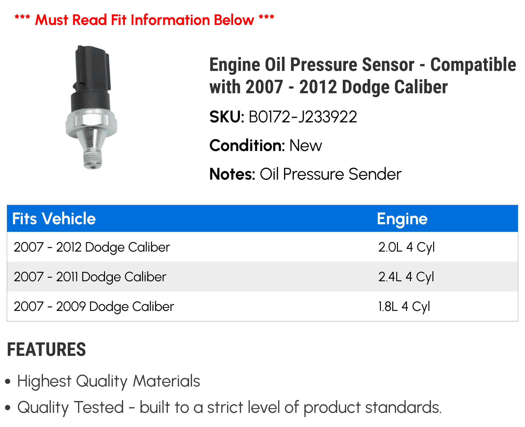Engine Oil Pressure Sensor - Compatible with 2007 - 2012 Dodge Caliber 2008 2009 2010 2011