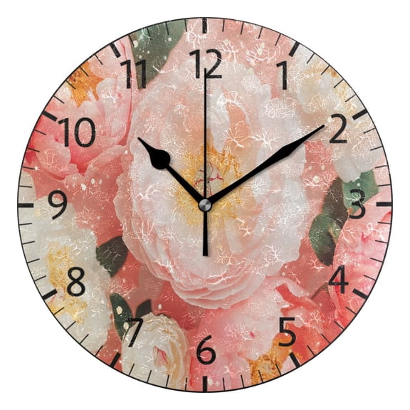 YAZAOO Decorative Wall Clock Size：25cm Pink and White Peonies Sparkles Design Pattern Clock