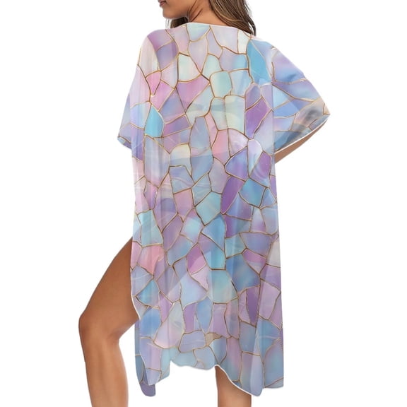 Xoenoiee Stained Glass Pattern Women Swimsuit Coverup Lightweight Kimono Cardigan Bathing Suit Cover Up Open Front Swimwear Beach Vacation Outfits