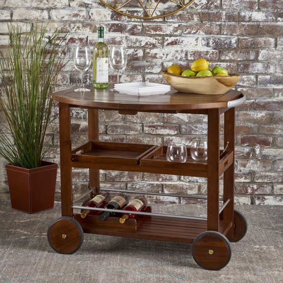 Folding Bar Cart Table, Round Wooden Bar Cart with Detachable Tray with Locking Pin, Bottom Shelf with Three Wine Bottle Racks-Portable and Fashionable, Suitable for Indoor and Outdoor Use (Oak Silve)