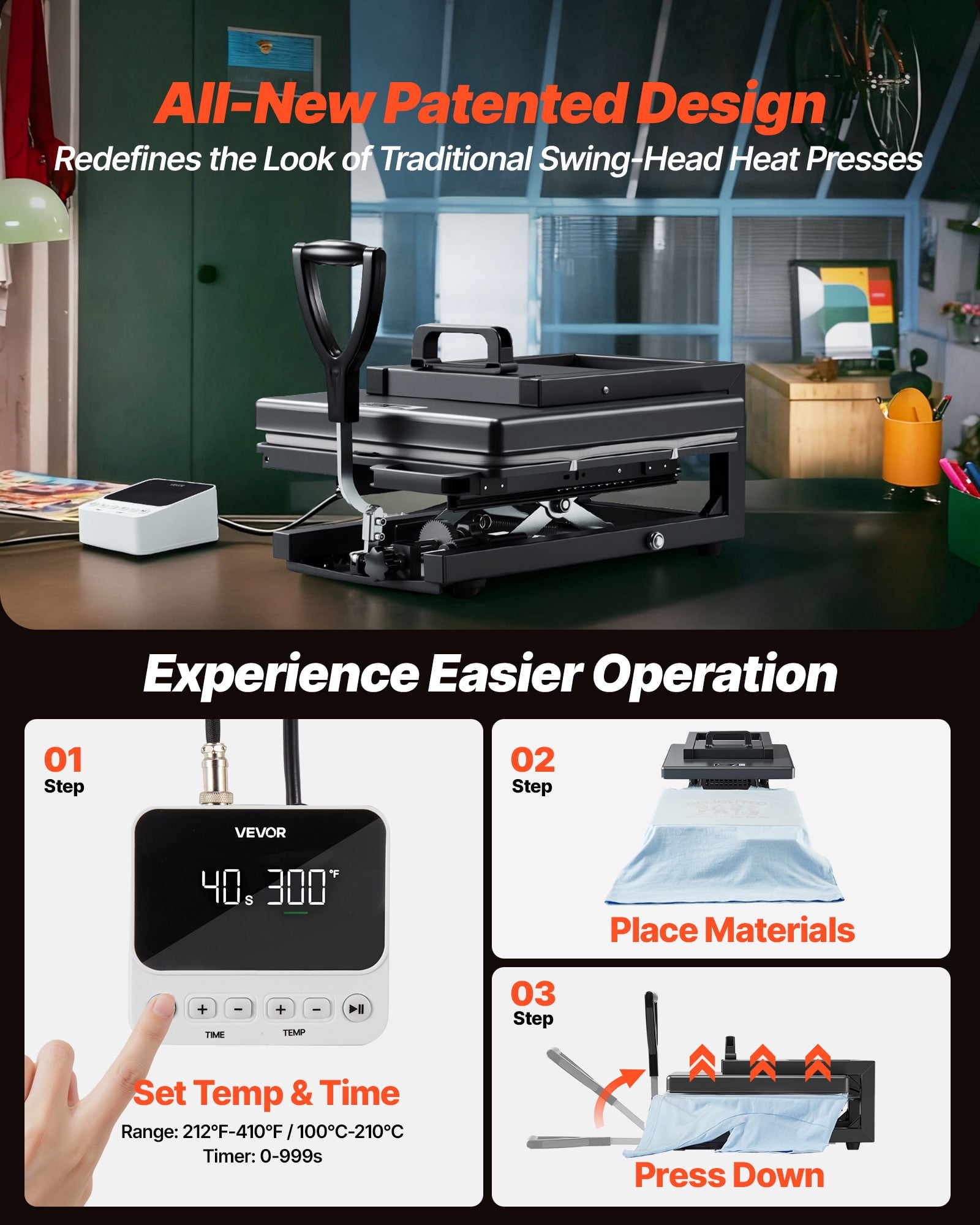 VEVOR Hybrid Heat Press, 15 x 15 inch, 8-in-1 Multifunction, Heat Up Fast and Even, All-New Patented Design, Easy to Control, Sublimation Press Machine for T-shirts/Mugs/Tumblers/Caps/Plates, Black